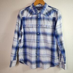 True Grit Men's Medium Blue Plaid Custom Snap Button Down Shirt